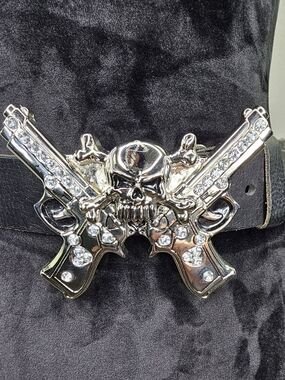 Rock Rebel Double Barrel Crossbones Skull Stone Leather Black Belt 32